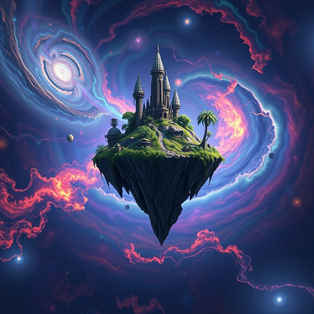 Floating Island Drifting Through Cosmic Galaxy