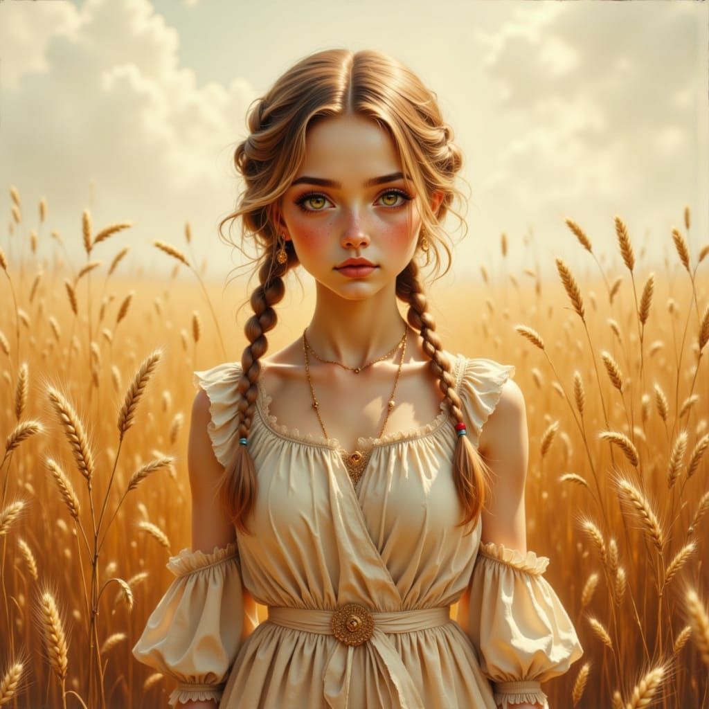 Girl in Wheat Field with Romantic Watercolor Style