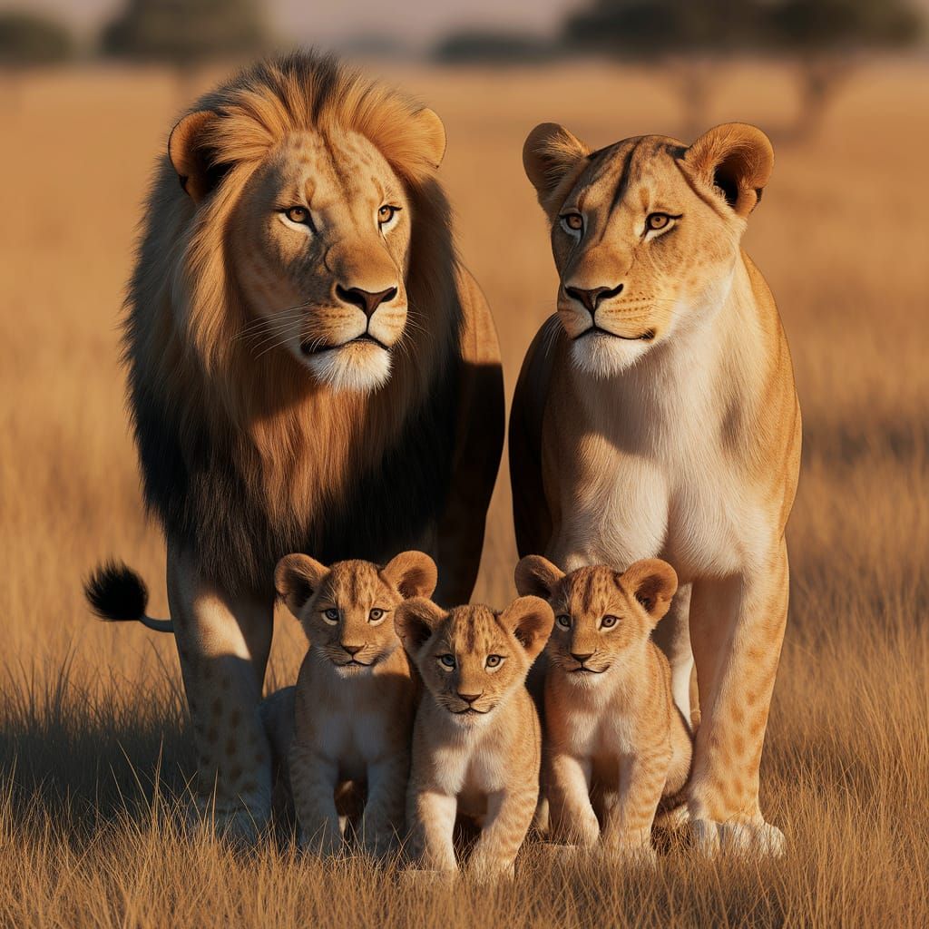 Lion Family Portrait in Golden Savannah Sunlight