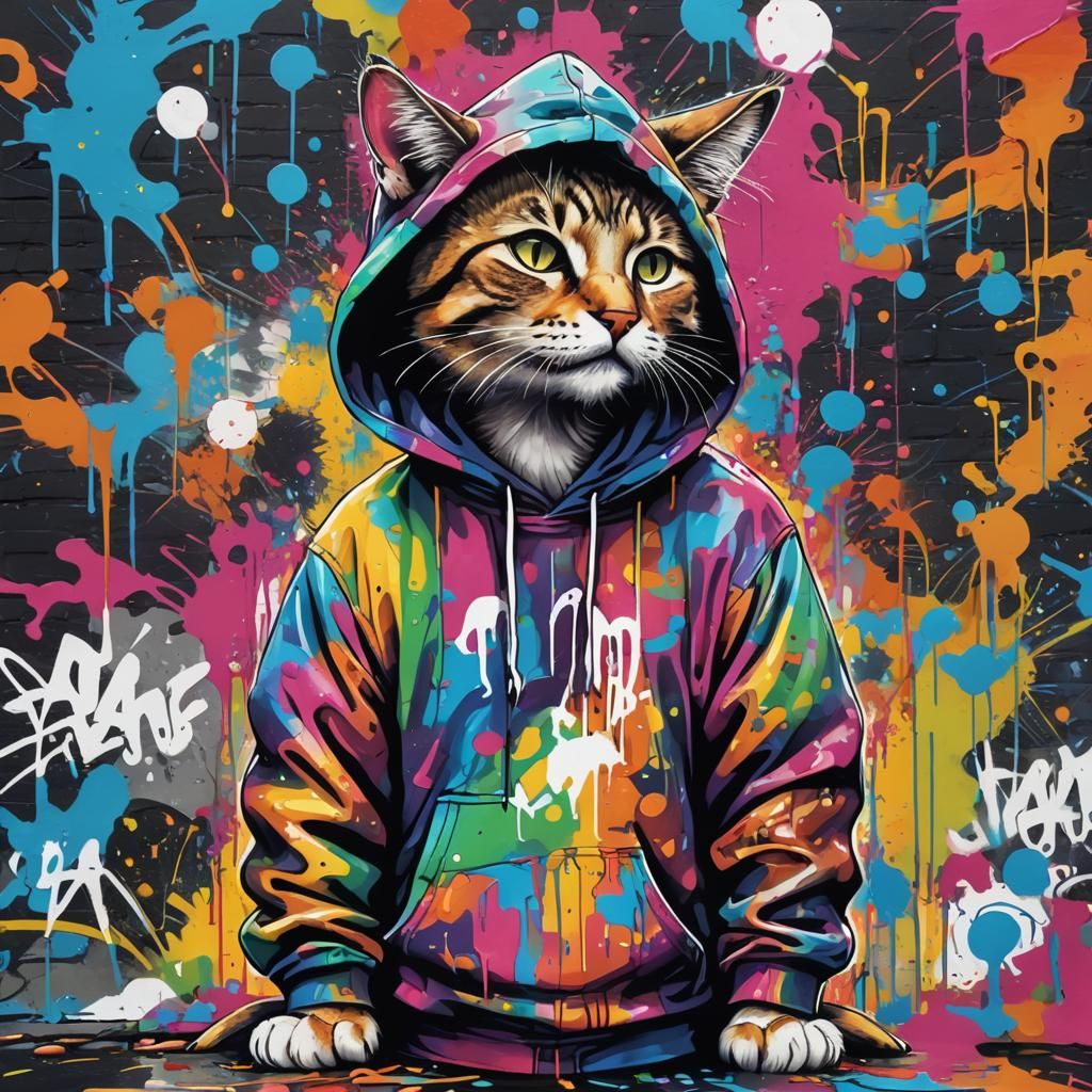 Hoodie Cat in Graffiti Street Art Style