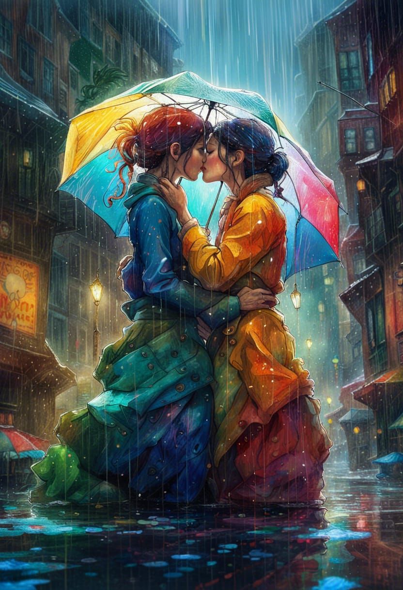 Romantic Kiss in Rainbow Rain: Fantasycore Art