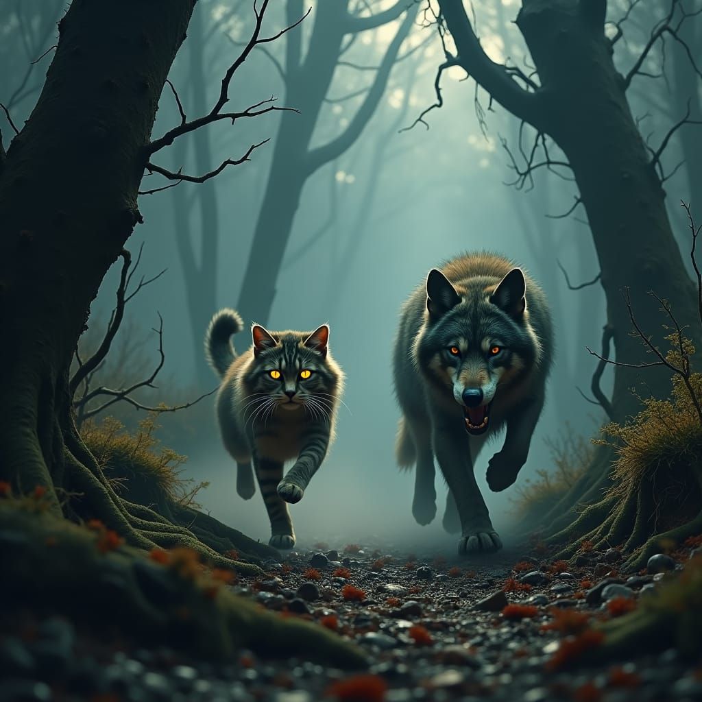 Terrified Cat's Escape: A Dramatic Forest Chase