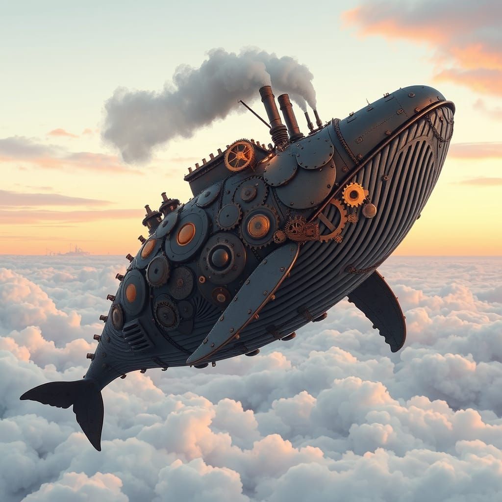 Steampunk Whale Soaring Through Cotton Candy Skies
