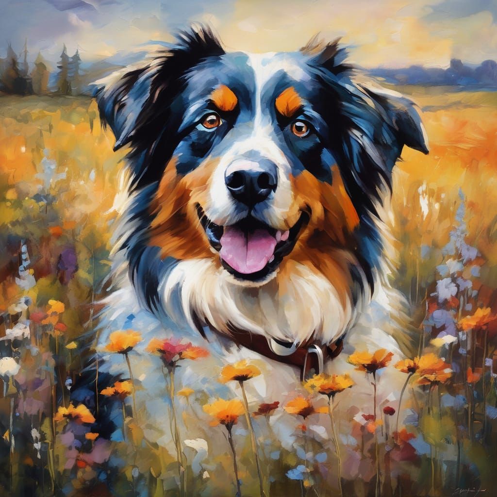 Australian Shepherd in Wildflowers: Encaustic Watercolor