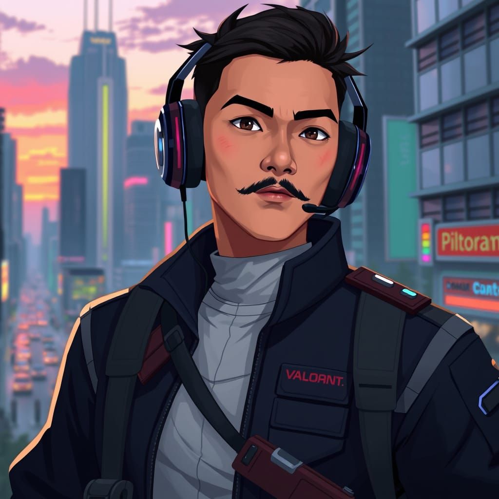 Filipino Valorant Agent in Cityscape at Dusk