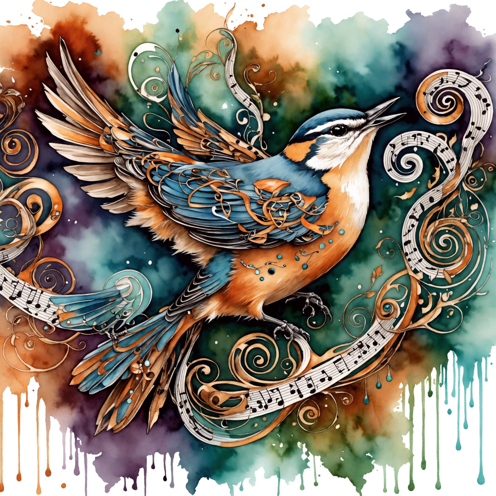 Celtic Nuthatch in Nouveau Vague Watercolor Forest