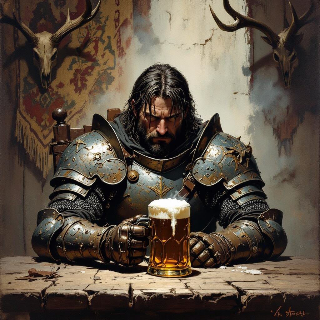 Weary Knight in Tavern, Frazetta-Inspired Art