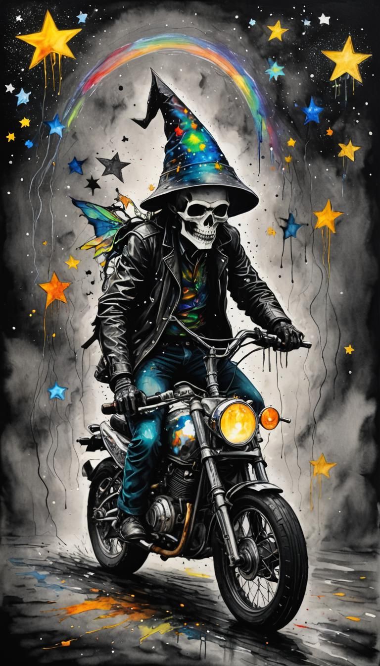 Calavera Man in Rainy Starry Night, Surreal Art