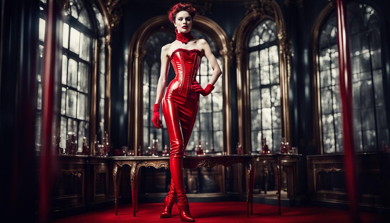 Red Lacquer Corset: High-Fashion Portrait in Editorial Style