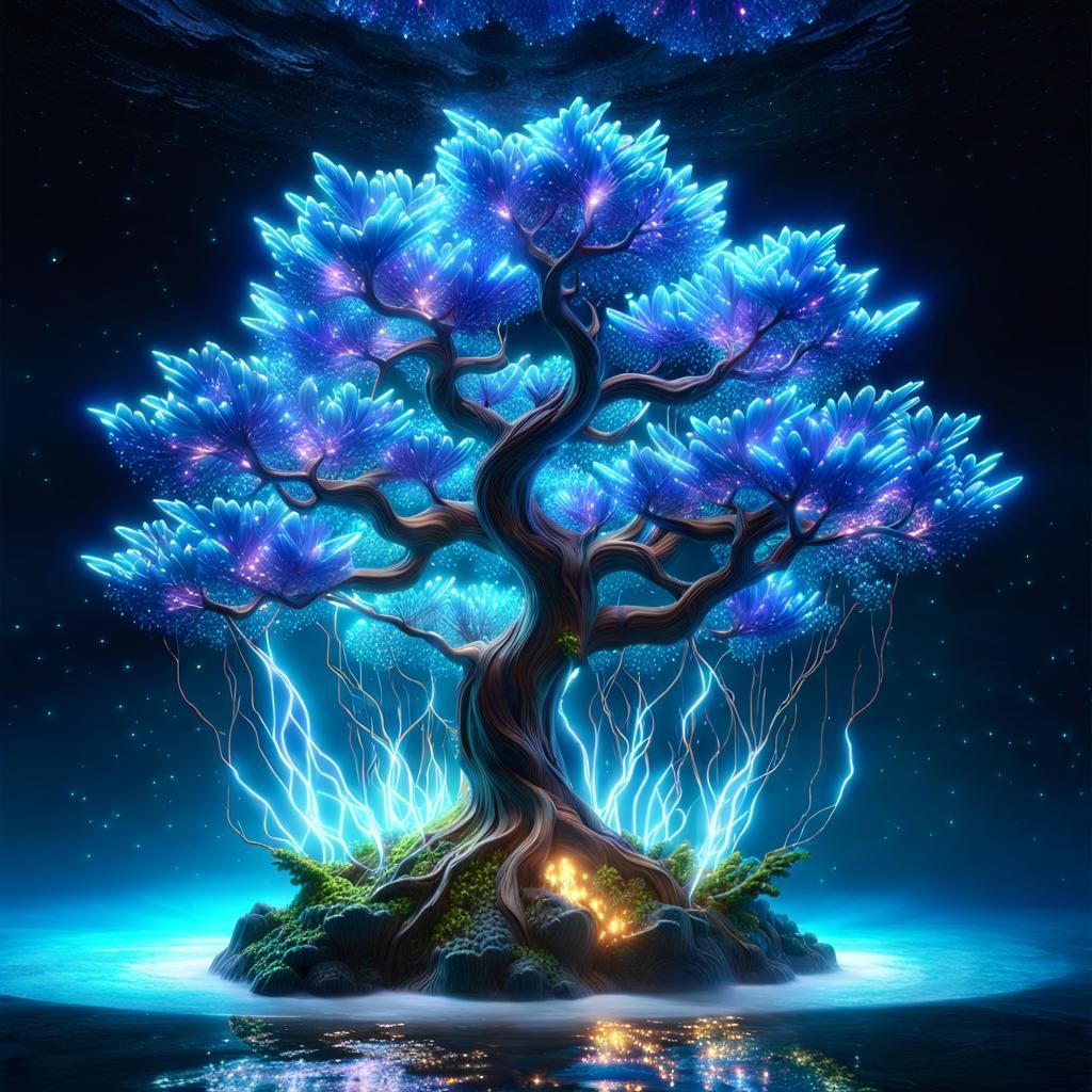 Bioluminescent Tesla Tree in Cosmic Ocean Cavern