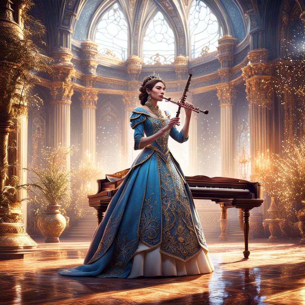 Beautiful Princess Plays Flute: Detailed Matte Painting