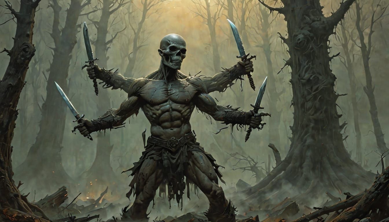 Fierce Four-Armed Warrior in Desolate Fantasy Landscape