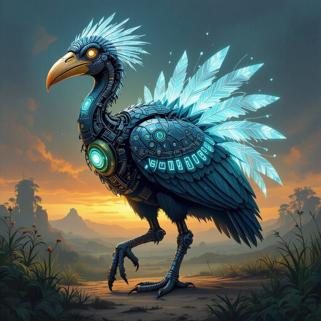 Glitch art. Close up shot. A biomechanical Dodo with glowing...