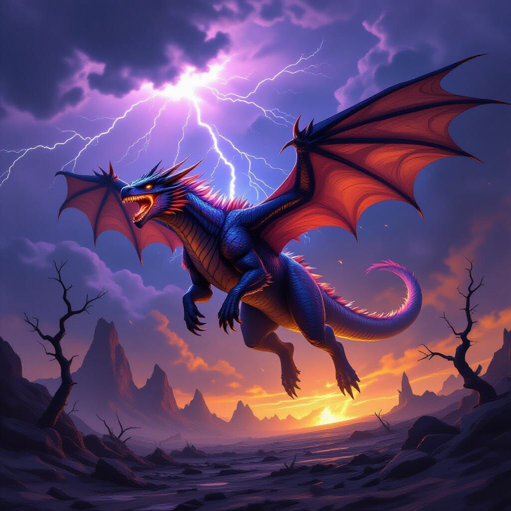 Dragon Wolf Dinosaur Hybrid Soaring Through Stormy Sky