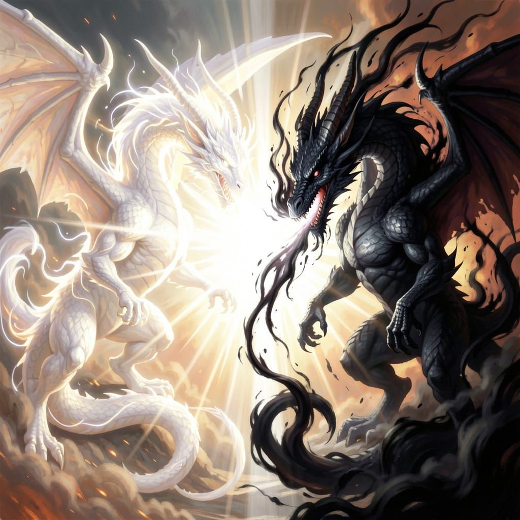 Light and Dark Dragons Clash in Epic Digital Painting