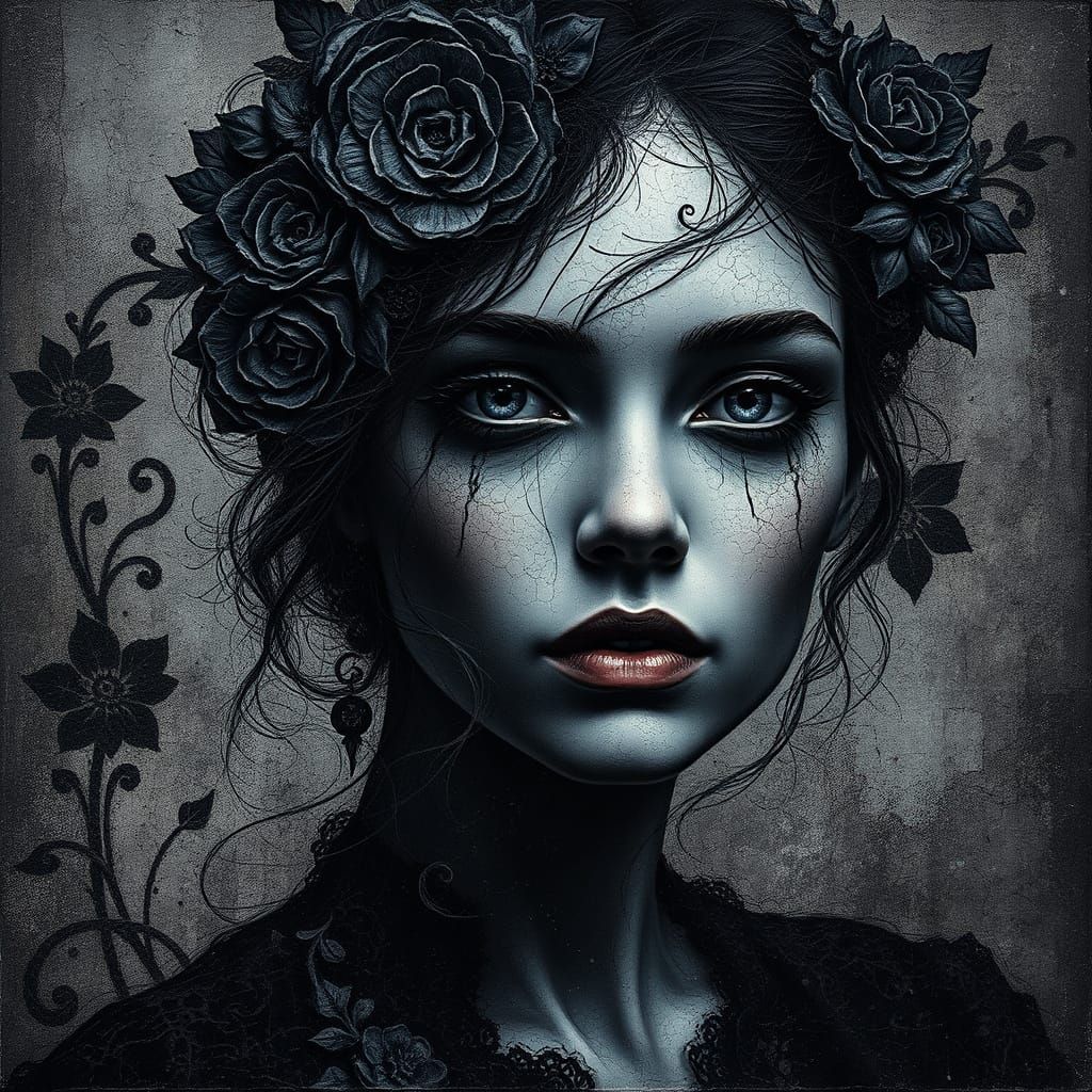 Surreal Dark Floral Portrait with Fractal Filigree