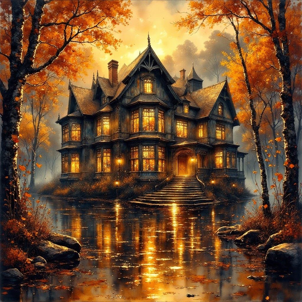 English Manor in Autumnal Monotone, Impasto Gouache Style