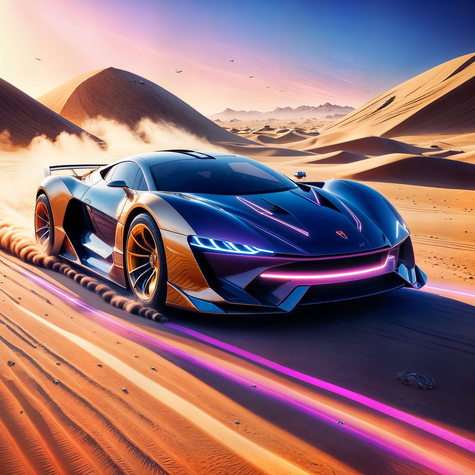 une voiture supercar futuriste roulant à grande vitesse et laissant des traces de poussière sur une route du Sahara Greg...