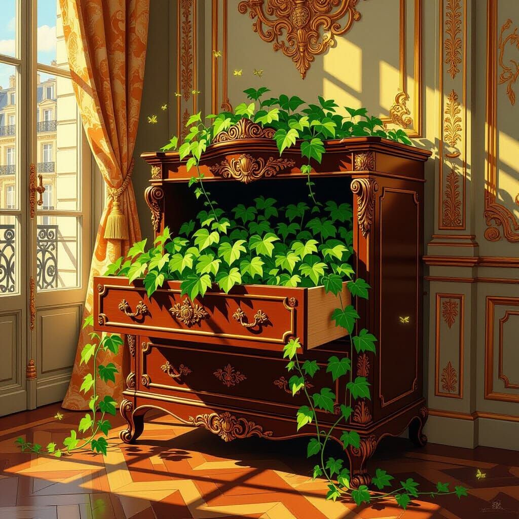Victorian Cabinet Vine in Klimt-Inspired Gouache Style