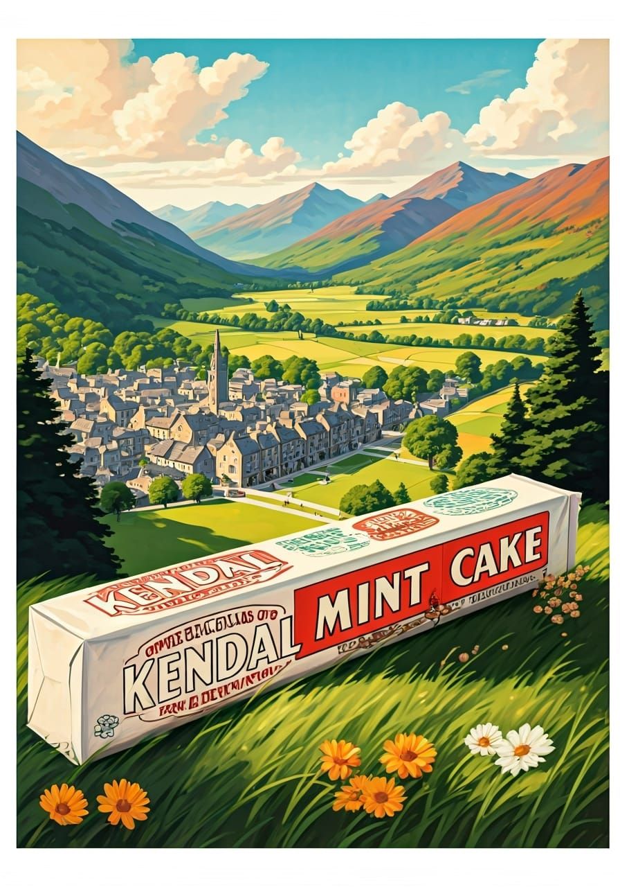 Poster art, vintage poster advertising Kendal Mint Cake showing a bar of Kendal Mint Cake with the town of Kendal and th...