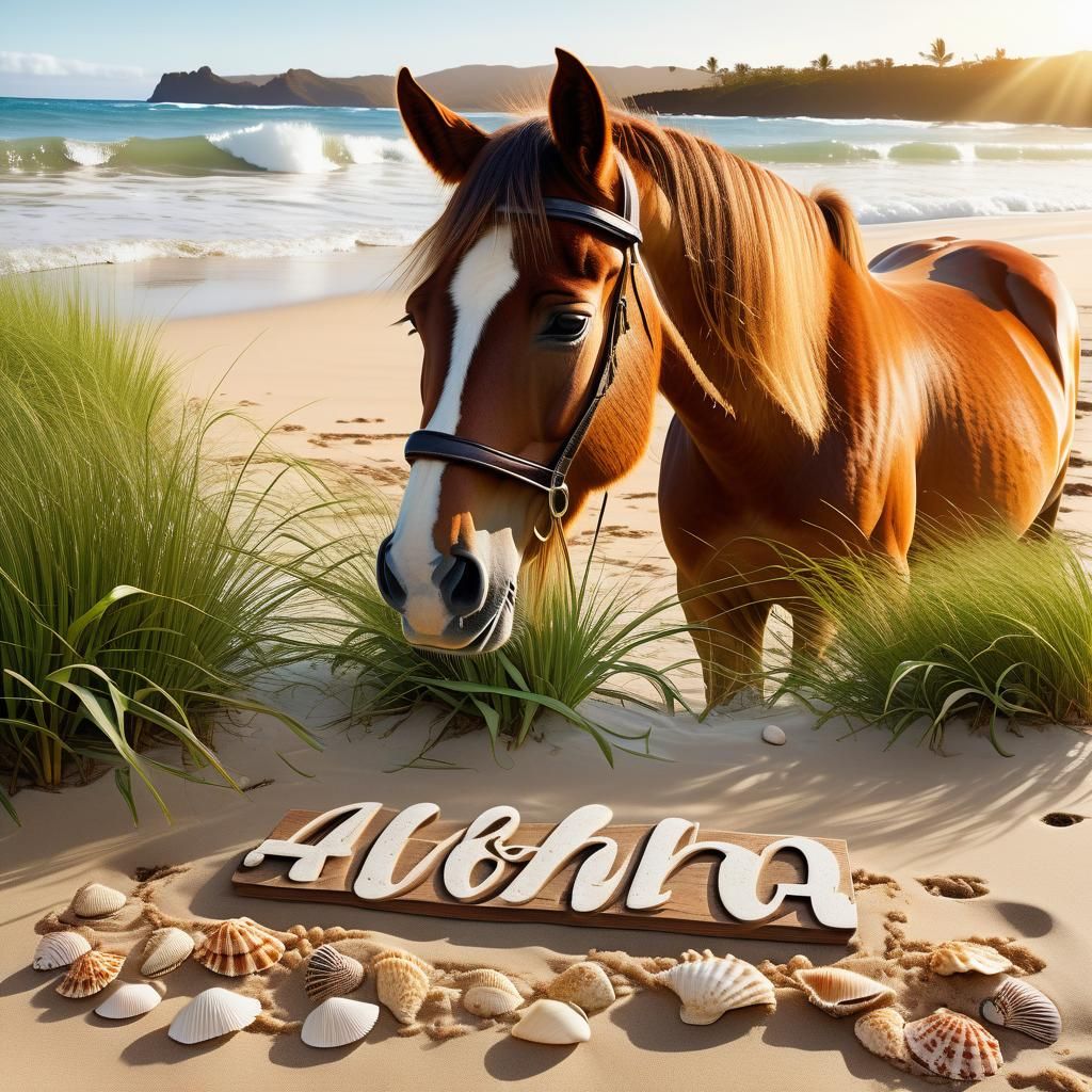 Horse on Hawaiian Beach with Seashells and Palm Tree
