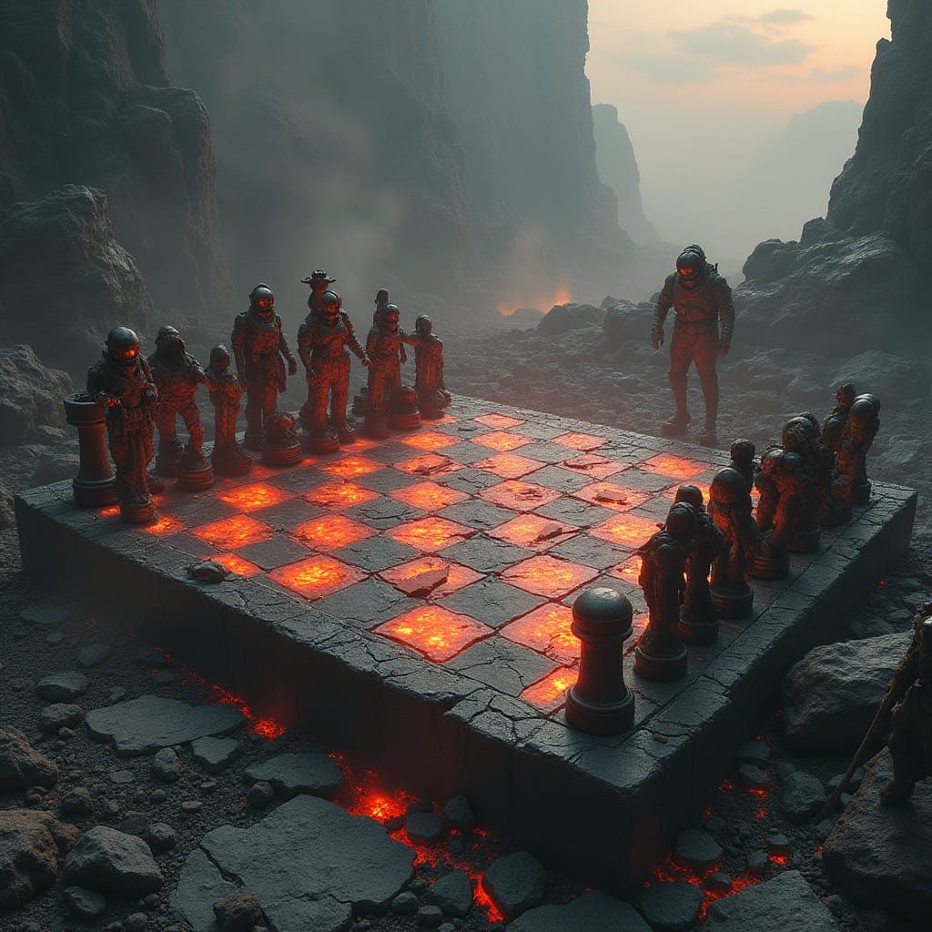 Dark Post-Apocalyptic Chessboard Battle in a Volcanic Wastel...