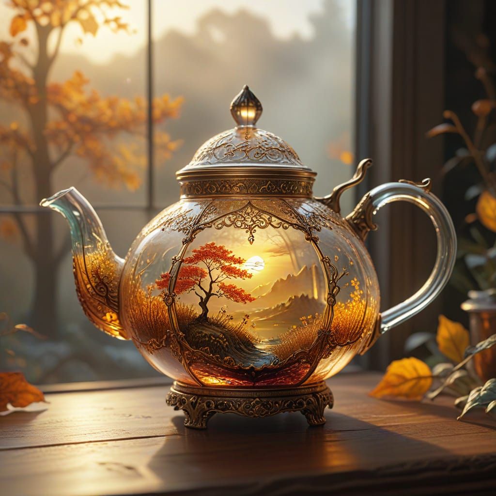 Fantasy Stained Glass Teapot With Autumn Landscape