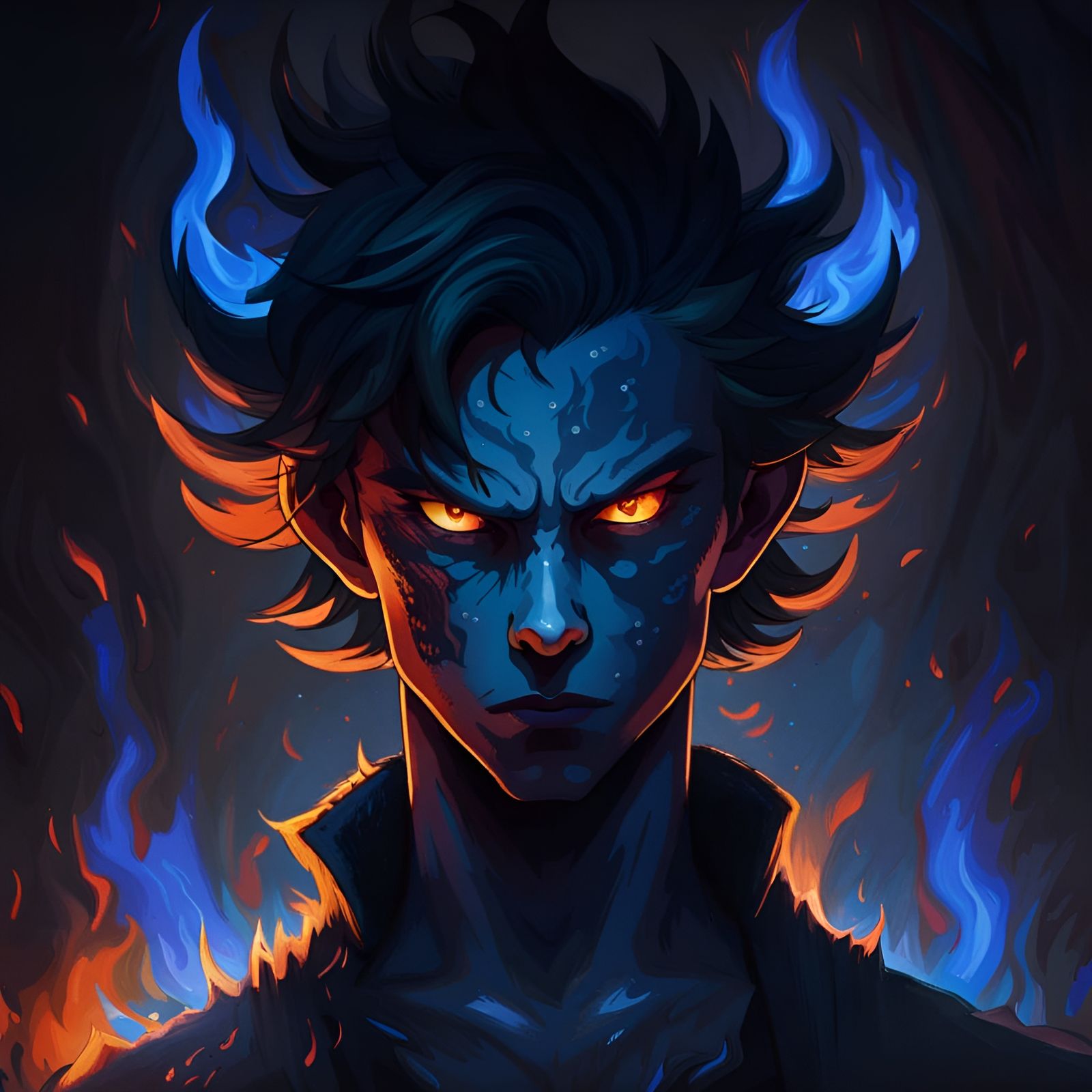 Menacing Teenager in Blue Flames: Digital Concept Art