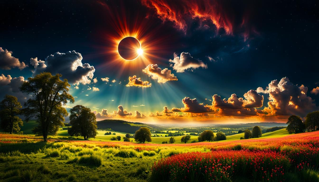 Giant Eclipse over Beautiful Meadow Landscape