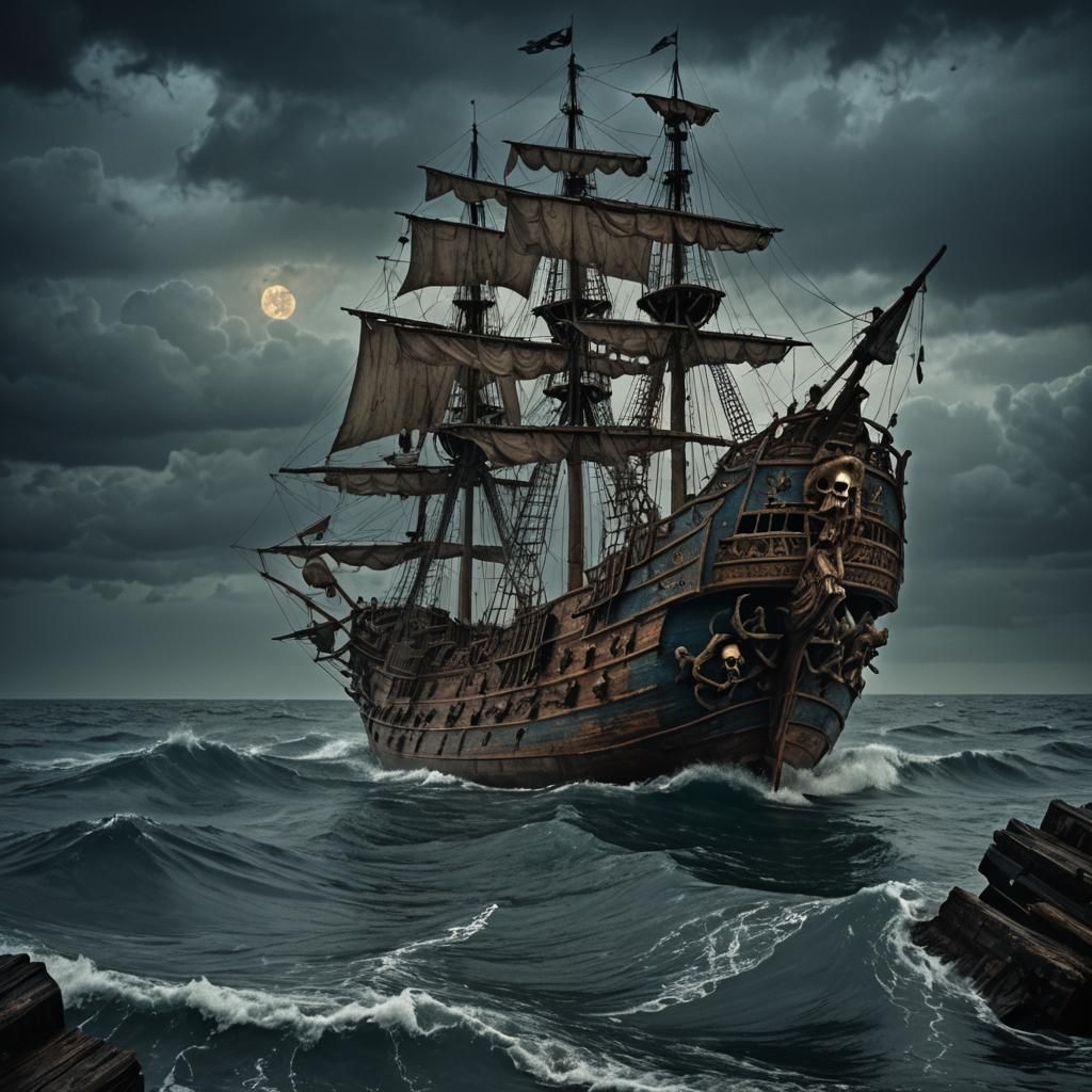 Gothic Pirate Ship Sails on Stormy Sea