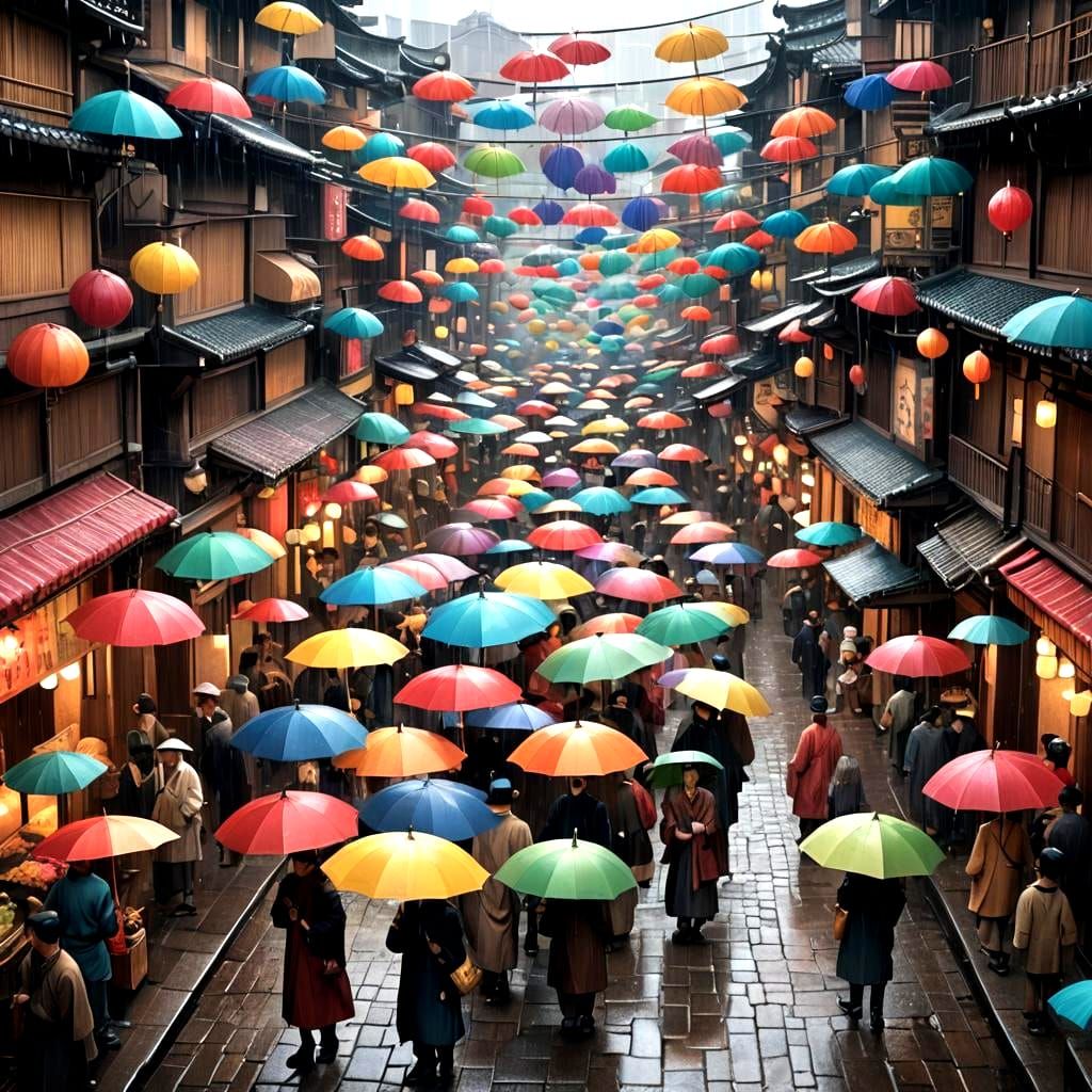 Edo-Period Street Market in Rain, Detailed Matte Painting