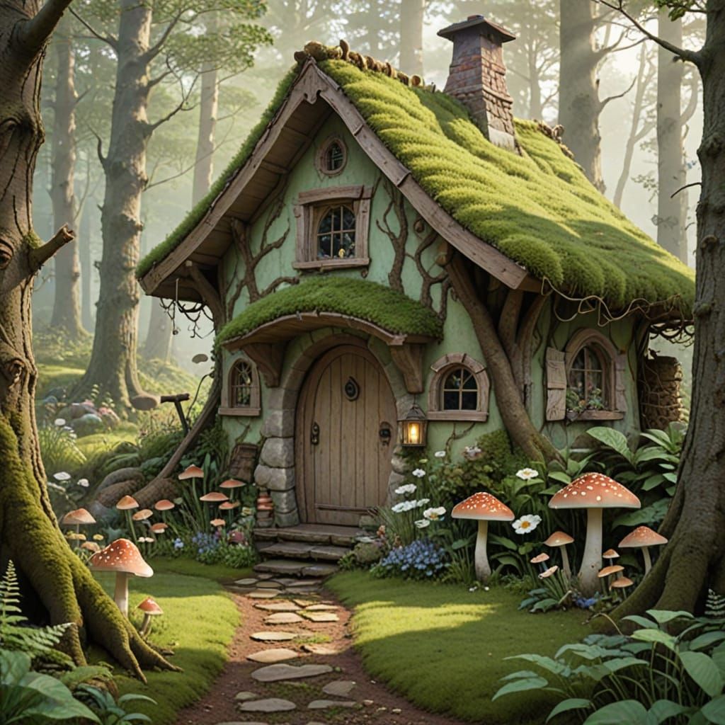 Whimsical Mushroom Cottage in a Lush Forest Setting