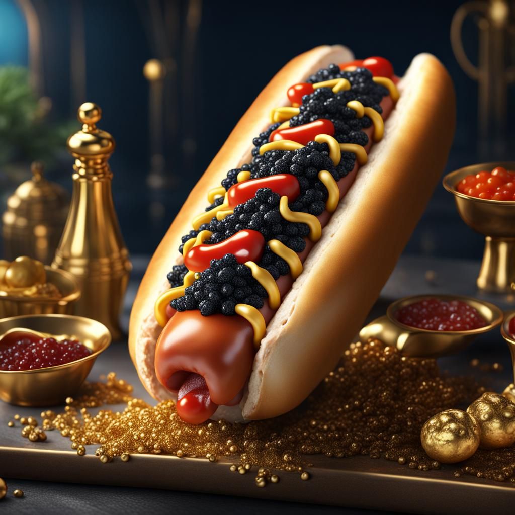 Hyperdetailed Hot Dog Topped with Caviar and Gold