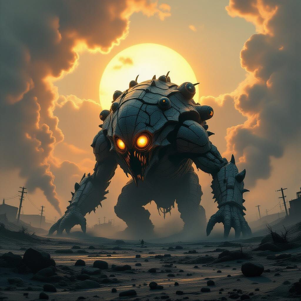 Colossal Bio-luminescent Alien in Ash Wasteland