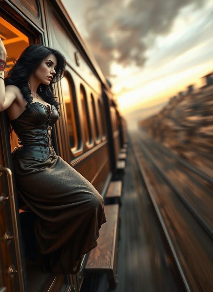 Elegant Steampunk Woman on a Moving Victorian Train