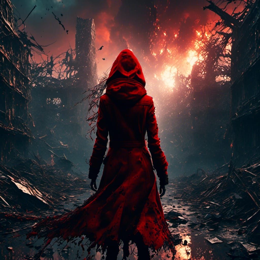 Woman in Red Coat Views Destroyed City