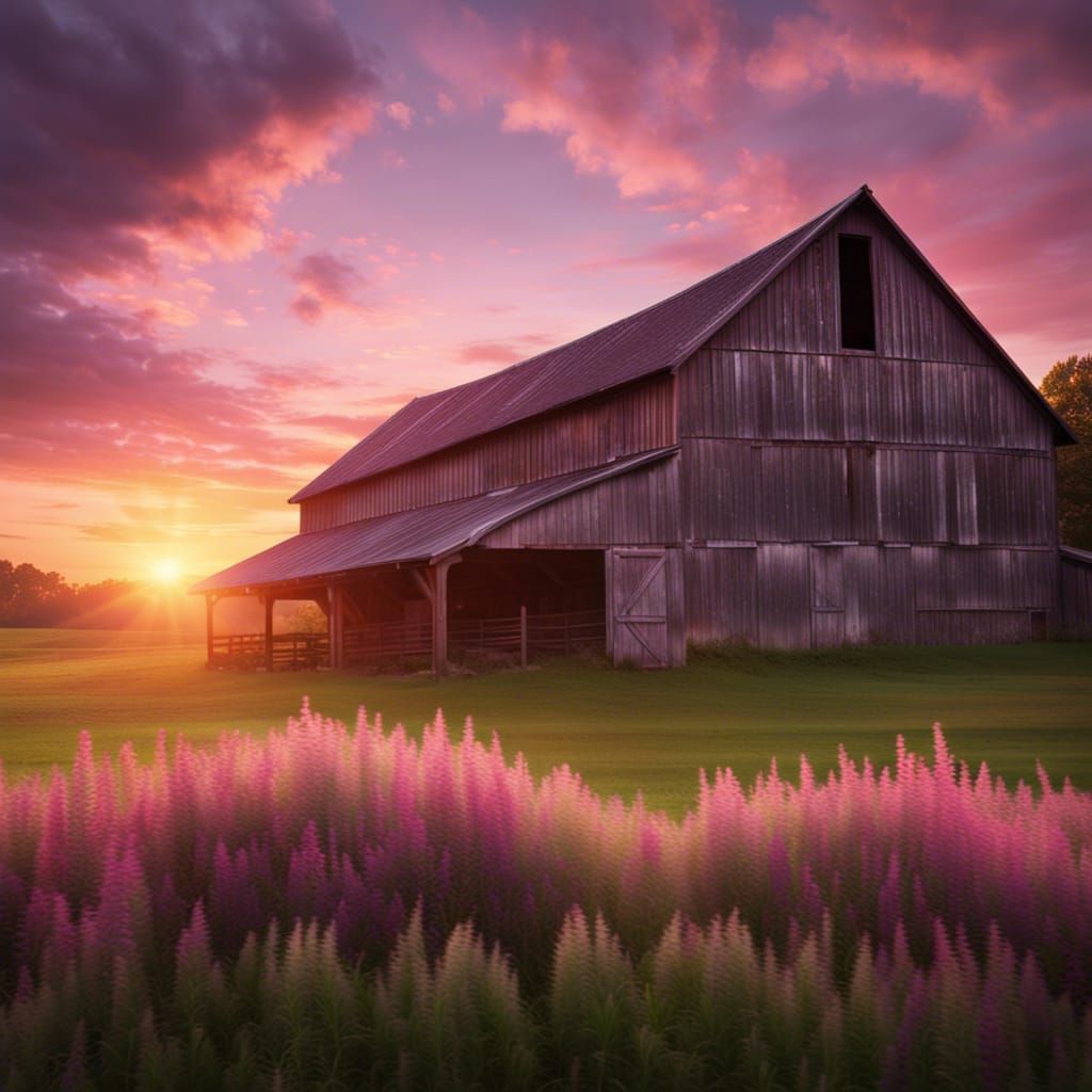 Sunrise Over Farm Barn: Photorealistic Landscape