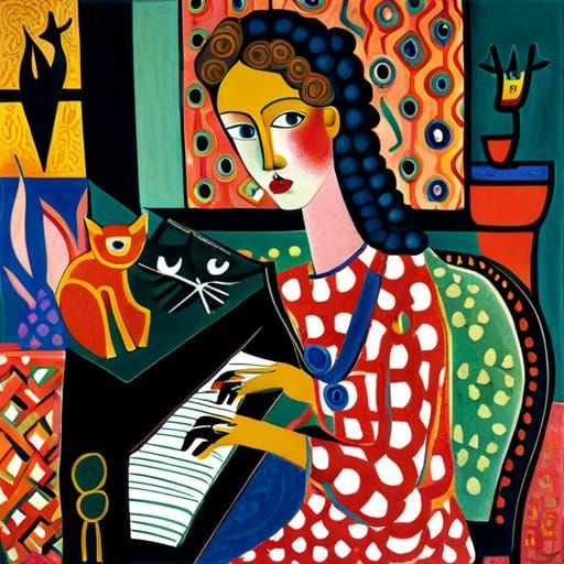 Girl Plays Piano for Cat in Surrealist Style