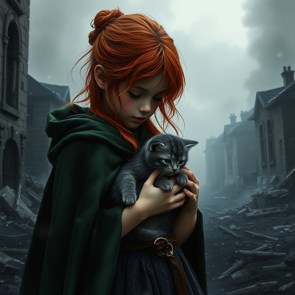 Girl with Kitten in Ruined Cityscape, Matte Painting