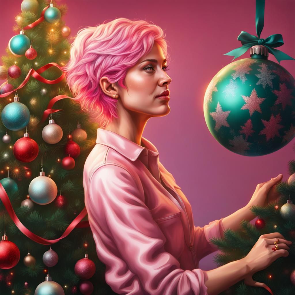 Pink Haired Woman Decorating Christmas Tree