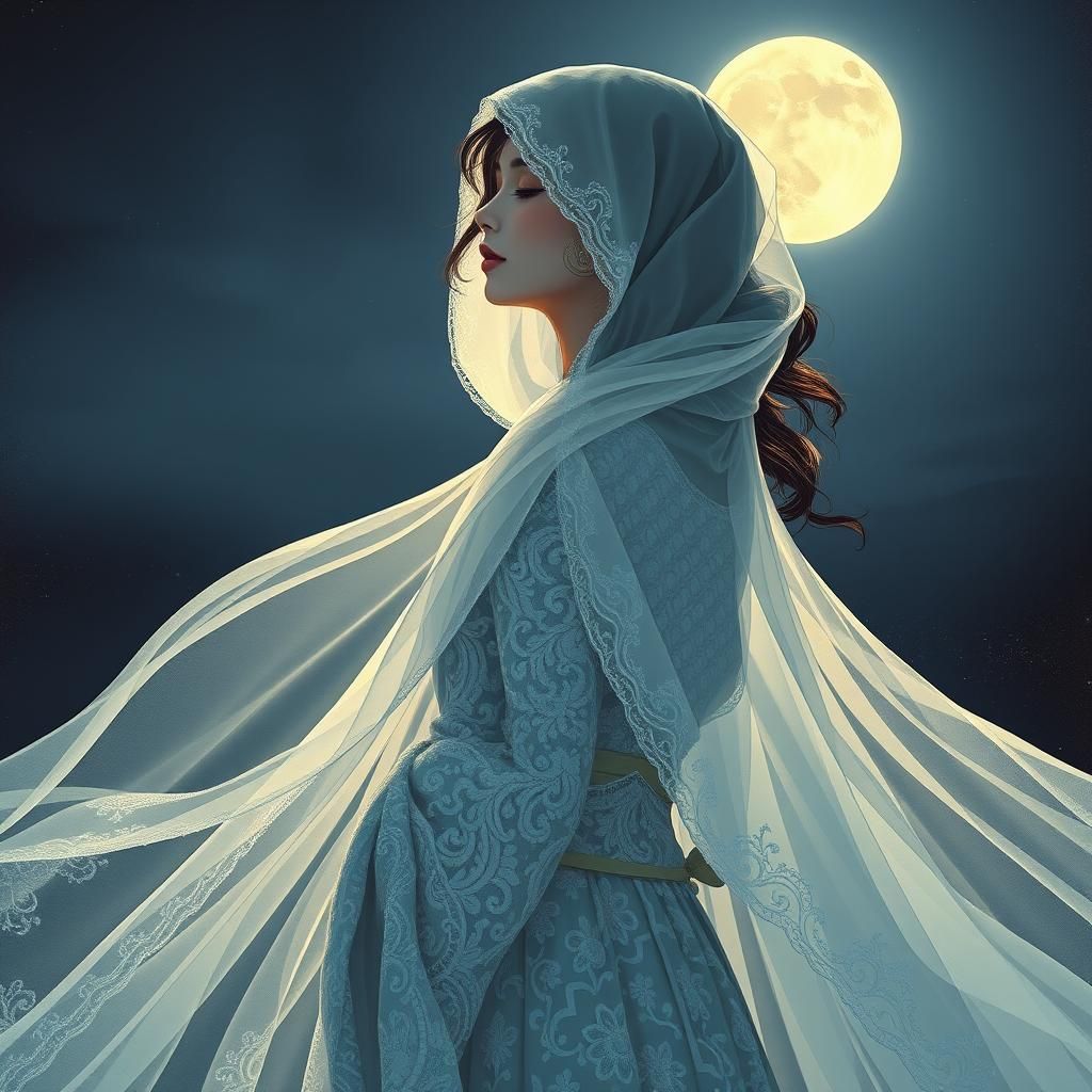 Woman in Moonlight with Translucent Cloak