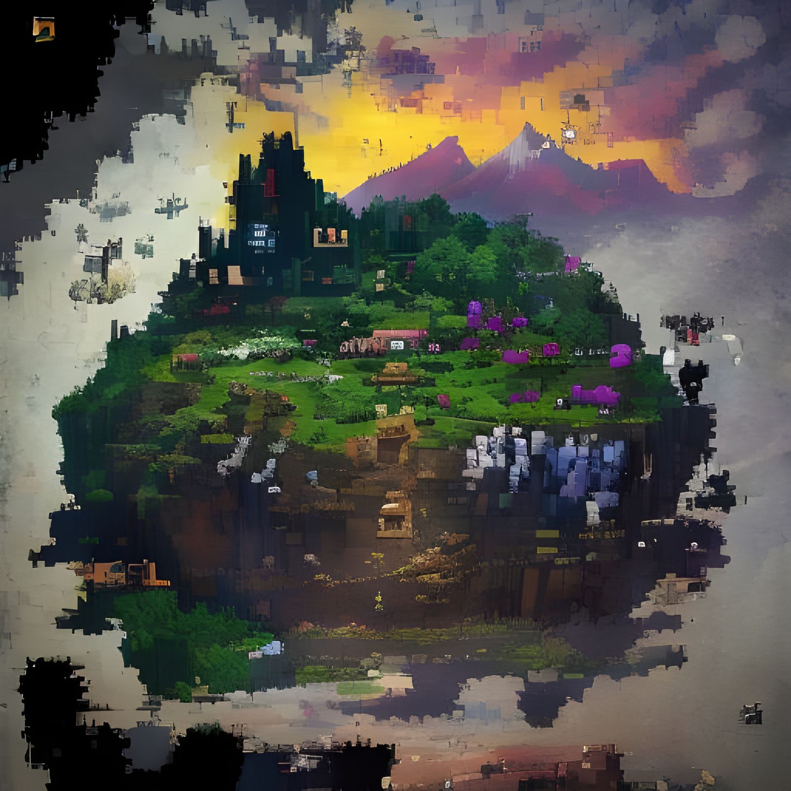 Dark Fantasy Castle in Flower Meadow with Waterfalls