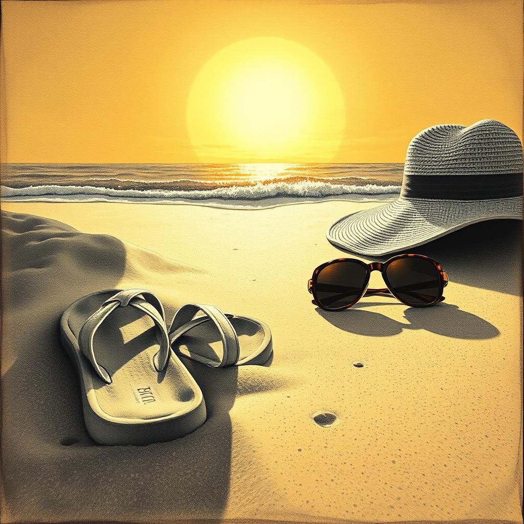 Beach Items on Sand: Hyperdetailed Charcoal Drawing