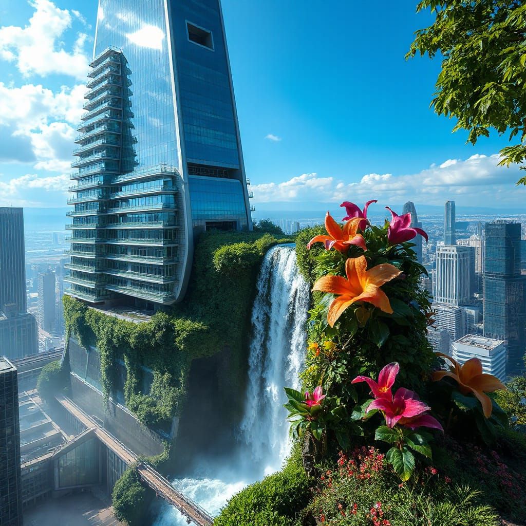 Waterfall Cascading Down Futuristic Skyscraper