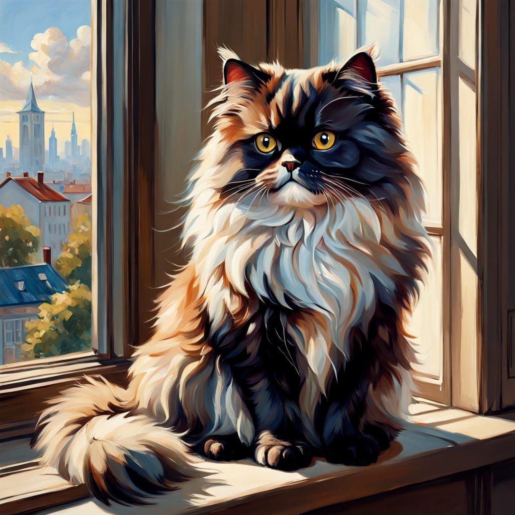 Persian Cat by Panoramic Window in Painterly Style