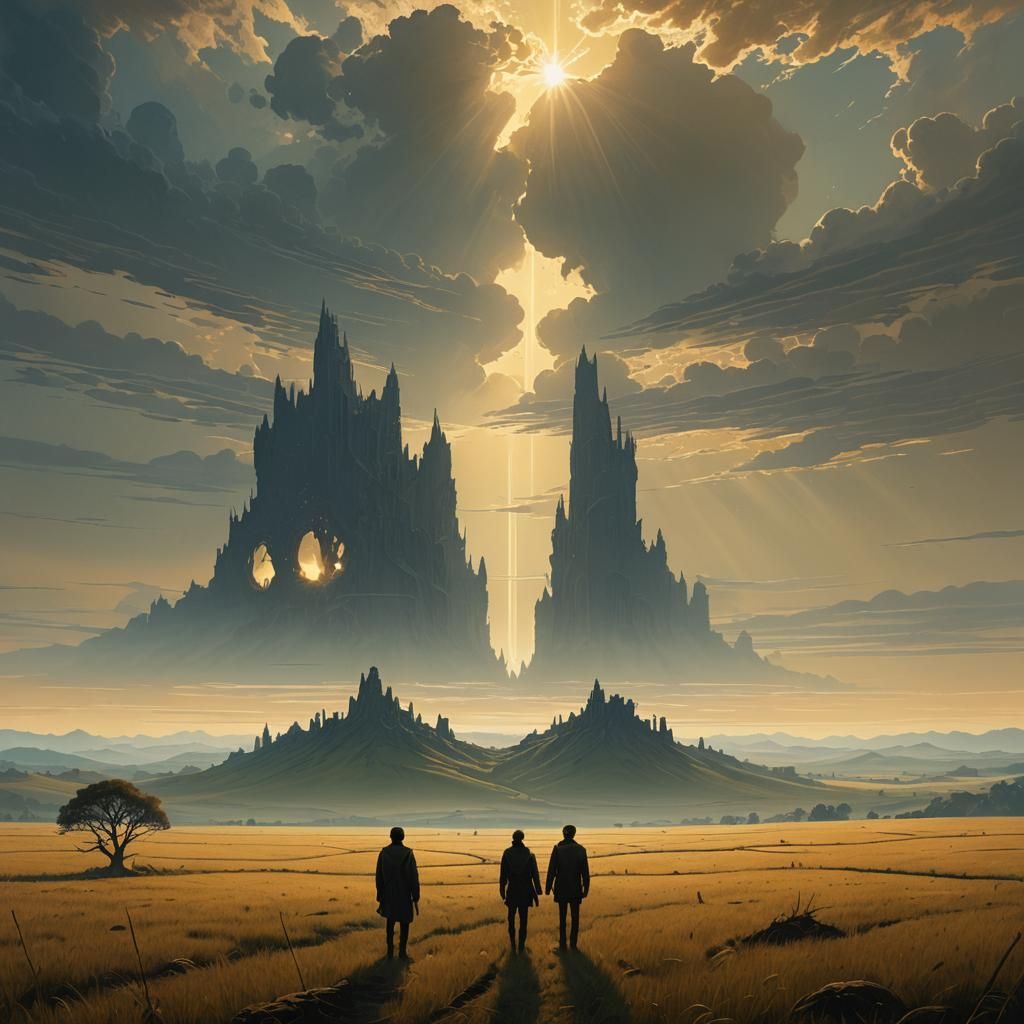 Contrasting Silhouettes in a Surreal Golden Landscape