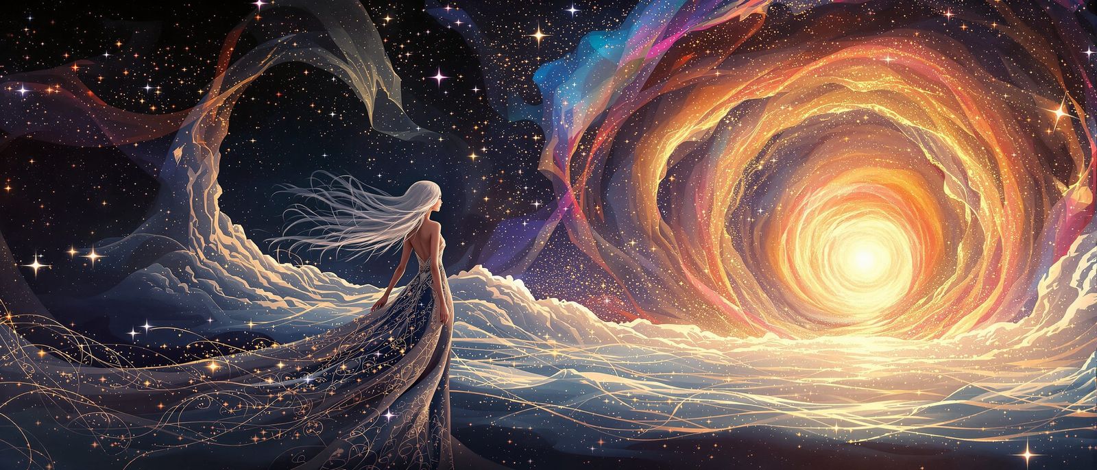 Ethereal Woman Gazing into Cosmic Portal