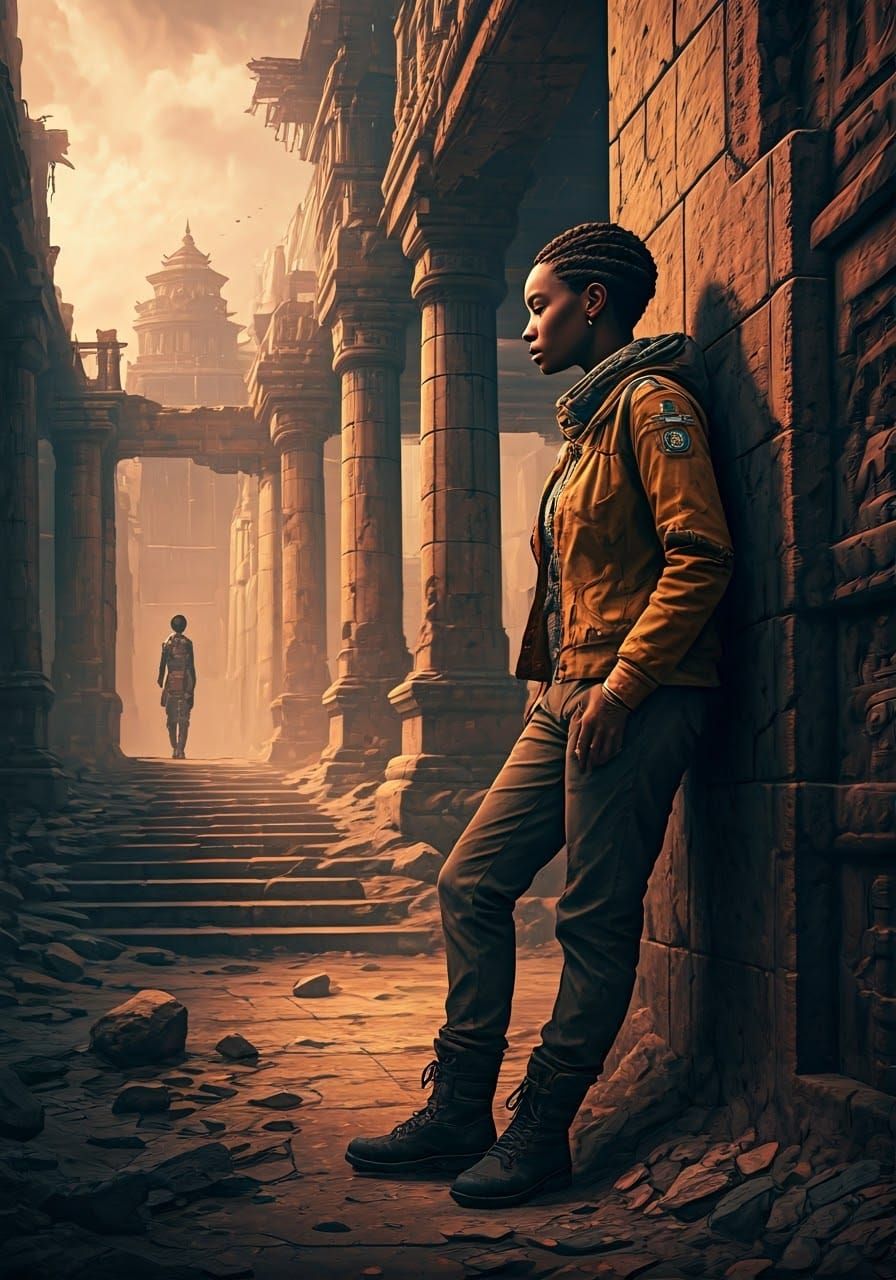 Post-Apocalyptic African Woman in Cyberpunk Cityscape