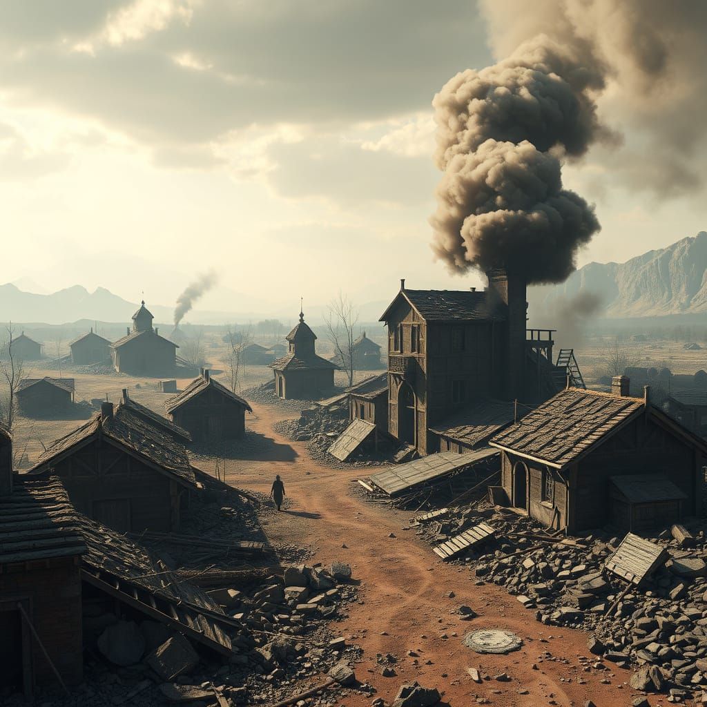 Ravaged Village in a Cyberpunk Landscape