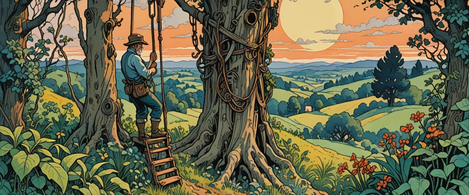 Rotting Body in Gibbet, Vibrant Gouache Watercolor Style